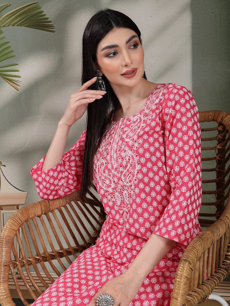 Women Floral Embroidered Festive Cotton Straight Kurtas