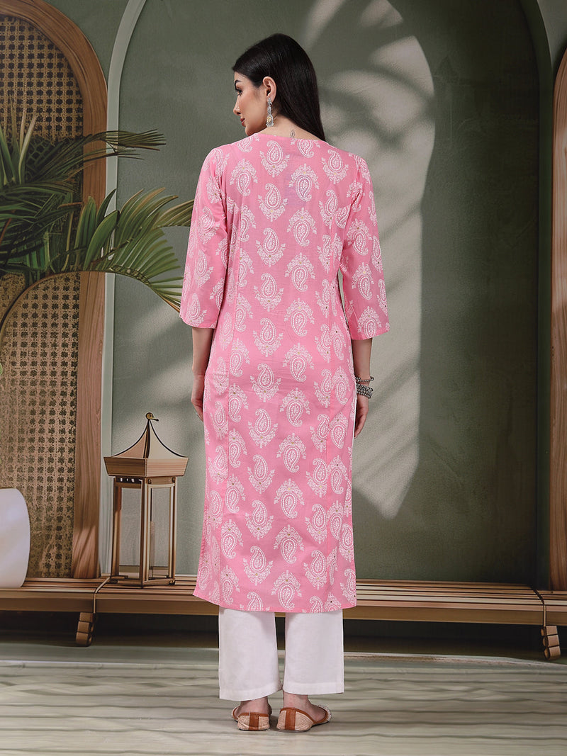 Women Paisly Embroidered Round Neck Straight Cotton Kurta