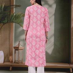 Women Paisly Embroidered Round Neck Straight Cotton Kurta