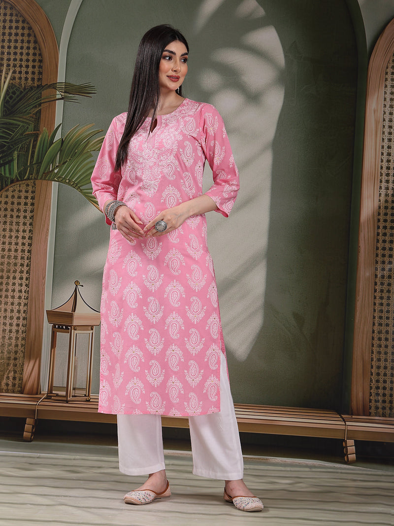 Women Paisly Embroidered Round Neck Straight Cotton Kurta