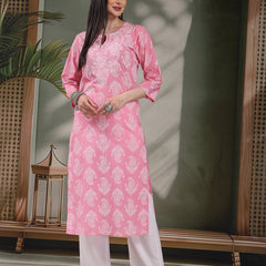 Women Paisly Embroidered Round Neck Straight Cotton Kurta