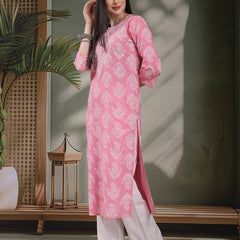 Women Paisly Embroidered Round Neck Straight Cotton Kurta