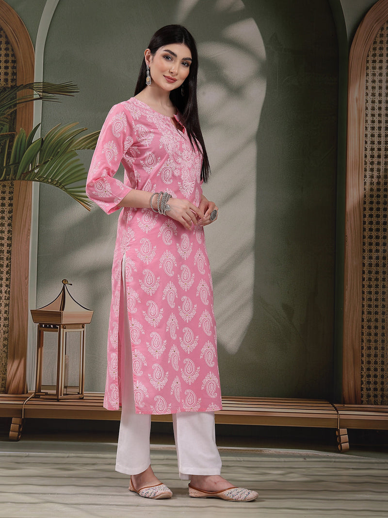 Women Paisly Embroidered Round Neck Straight Cotton Kurta