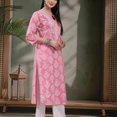 Women Paisly Embroidered Round Neck Straight Cotton Kurta