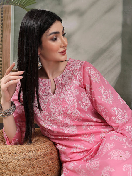 Women Paisly Embroidered Round Neck Straight Cotton Kurta