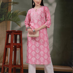 Women Paisly Embroidered Round Neck Straight Cotton Kurta