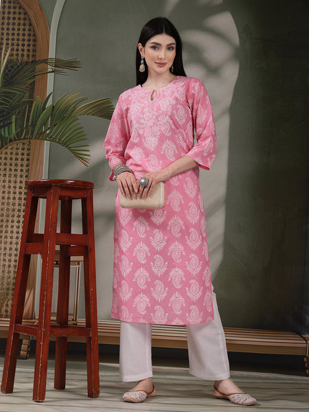 Women Paisly Embroidered Round Neck Straight Cotton Kurta