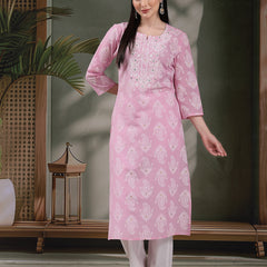 Women Paisley Printed Thread Work Notch Neck Pure Cotton Straight Kurta