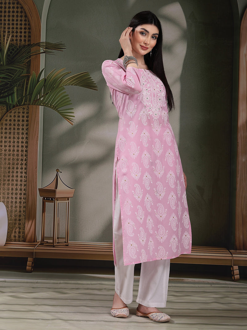 Women Paisley Printed Thread Work Notch Neck Pure Cotton Straight Kurta