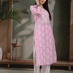 Women Paisley Printed Thread Work Notch Neck Pure Cotton Straight Kurta