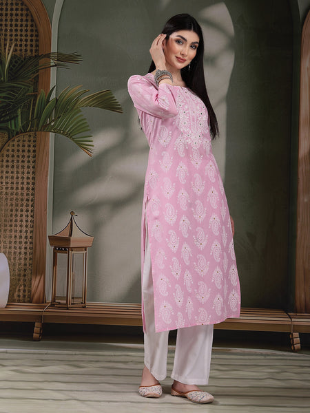 Women Paisley Printed Thread Work Notch Neck Pure Cotton Straight Kurta