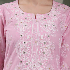 Women Paisley Printed Thread Work Notch Neck Pure Cotton Straight Kurta