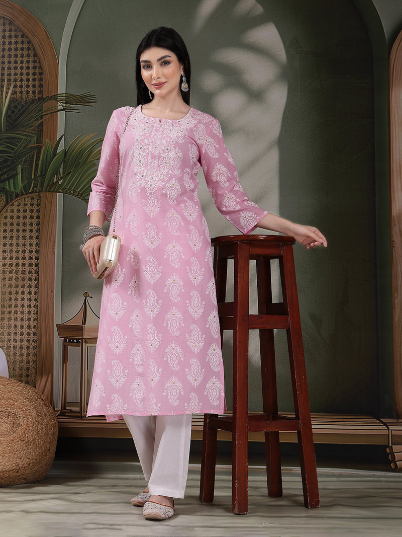 Women Paisley Printed Thread Work Notch Neck Pure Cotton Straight Kurta