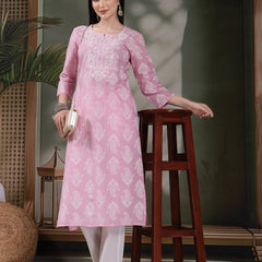 Women Paisley Printed Thread Work Notch Neck Pure Cotton Straight Kurta