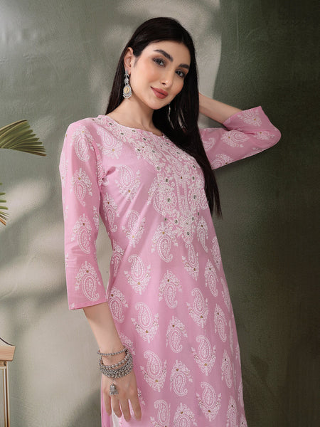 Women Paisley Printed Thread Work Notch Neck Pure Cotton Straight Kurta