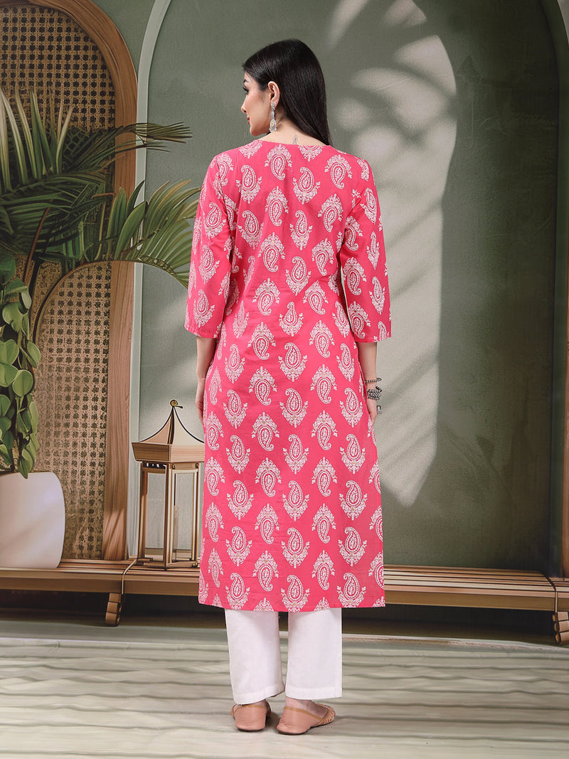 Women Paisley Printed Thread Work Notch Neck Pure Cotton Straight Kurta