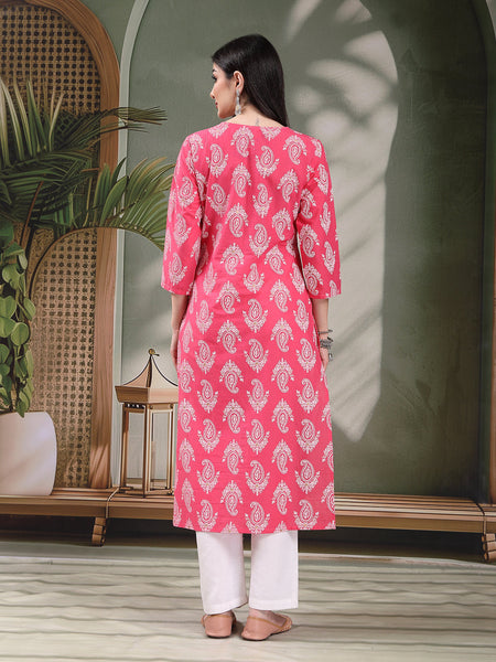 Women Paisley Printed Thread Work Notch Neck Pure Cotton Straight Kurta