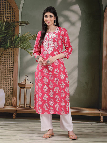 Women Paisley Printed Thread Work Notch Neck Pure Cotton Straight Kurta