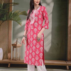 Women Paisley Printed Thread Work Notch Neck Pure Cotton Straight Kurta