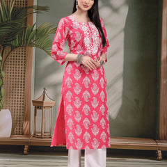 Women Paisley Printed Thread Work Notch Neck Pure Cotton Straight Kurta