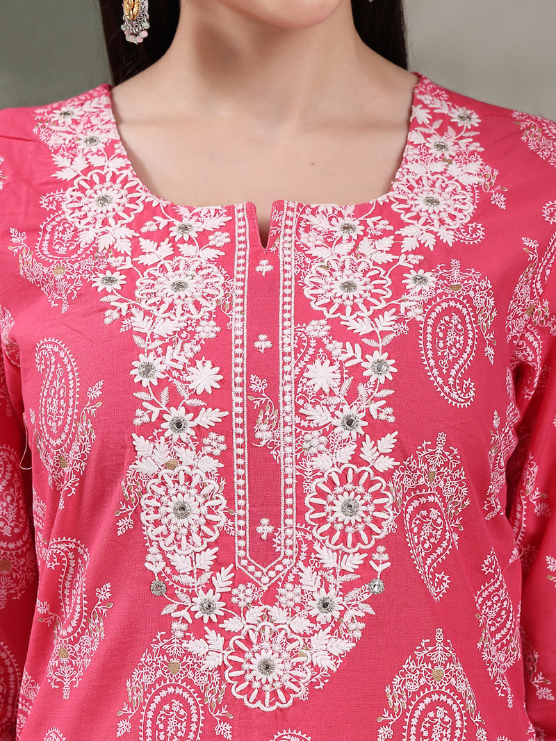 Women Paisley Printed Thread Work Notch Neck Pure Cotton Straight Kurta