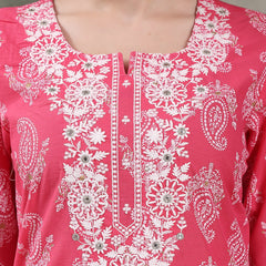 Women Paisley Printed Thread Work Notch Neck Pure Cotton Straight Kurta
