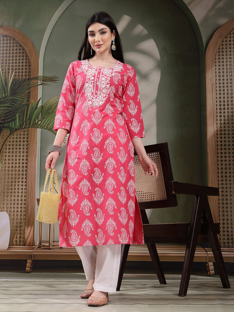 Women Paisley Printed Thread Work Notch Neck Pure Cotton Straight Kurta