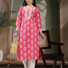 Women Paisley Printed Thread Work Notch Neck Pure Cotton Straight Kurta