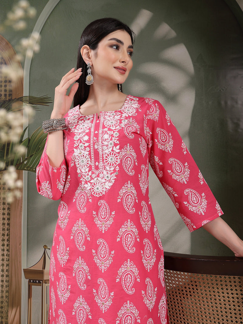 Women Paisley Printed Thread Work Notch Neck Pure Cotton Straight Kurta