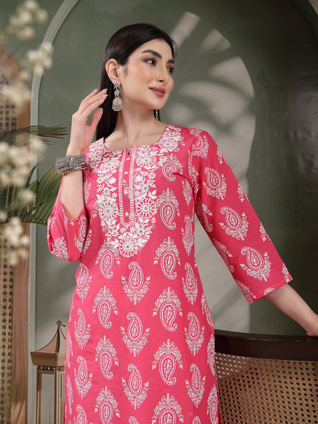 Women Paisley Printed Thread Work Notch Neck Pure Cotton Straight Kurta