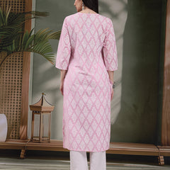 Women Paisley Printed Thread Work Notch Neck Pure Cotton Straight Kurta