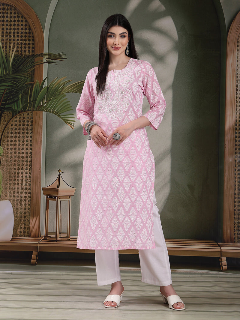 Women Paisley Printed Thread Work Notch Neck Pure Cotton Straight Kurta