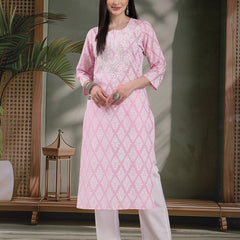 Women Paisley Printed Thread Work Notch Neck Pure Cotton Straight Kurta