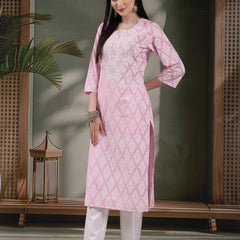 Women Paisley Printed Thread Work Notch Neck Pure Cotton Straight Kurta