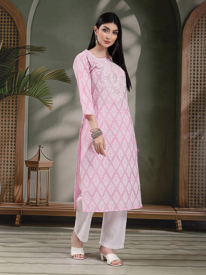 Women Paisley Printed Thread Work Notch Neck Pure Cotton Straight Kurta