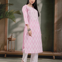 Women Paisley Printed Thread Work Notch Neck Pure Cotton Straight Kurta