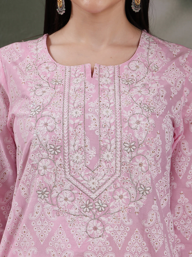 Women Paisley Printed Thread Work Notch Neck Pure Cotton Straight Kurta