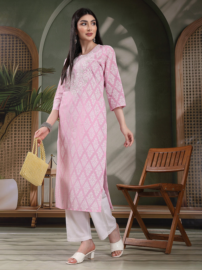 Women Paisley Printed Thread Work Notch Neck Pure Cotton Straight Kurta