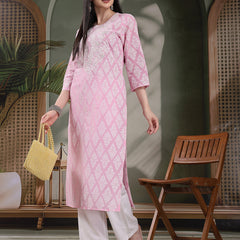 Women Paisley Printed Thread Work Notch Neck Pure Cotton Straight Kurta