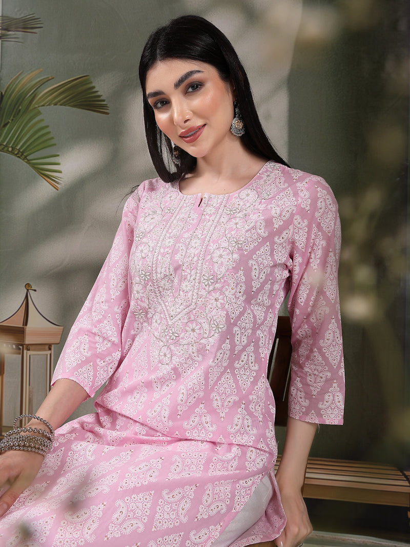 Women Paisley Printed Thread Work Notch Neck Pure Cotton Straight Kurta