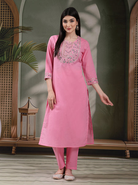 Women Embroidered Pure Cotton Straight Kurta With Trousers & Dupatta