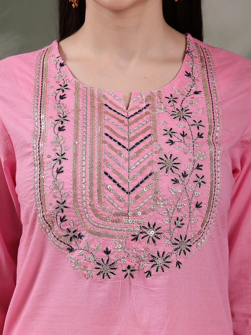 Women Embroidered Pure Cotton Straight Kurta With Trousers & Dupatta