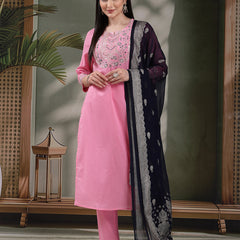 Women Embroidered Pure Cotton Straight Kurta With Trousers & Dupatta