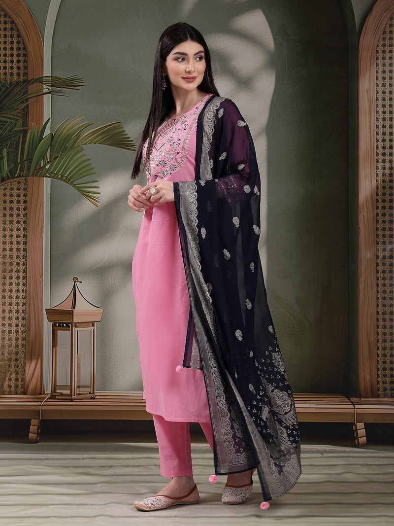 Women Embroidered Pure Cotton Straight Kurta With Trousers & Dupatta