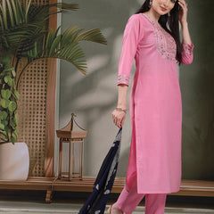 Women Embroidered Pure Cotton Straight Kurta With Trousers & Dupatta