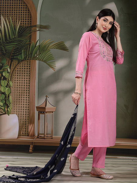 Women Embroidered Pure Cotton Straight Kurta With Trousers & Dupatta