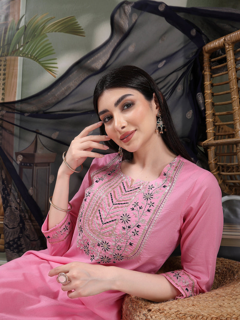 Women Embroidered Pure Cotton Straight Kurta With Trousers & Dupatta