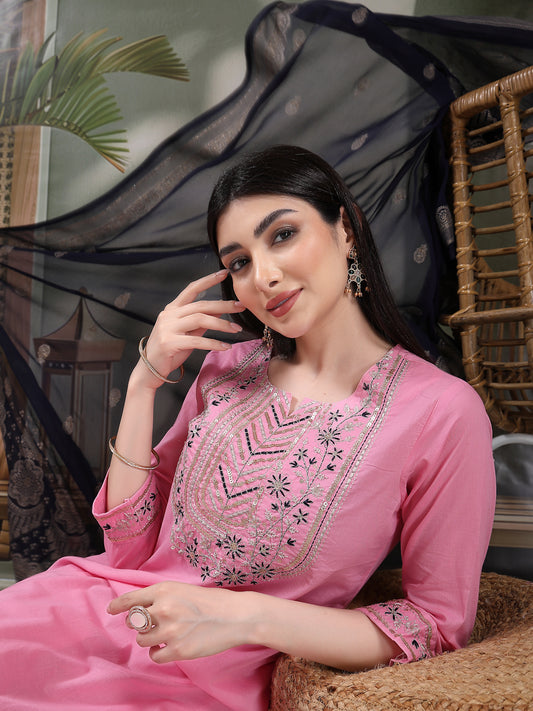 Embroidered Pure Cotton Straight Kurta With Trousers & Dupatta