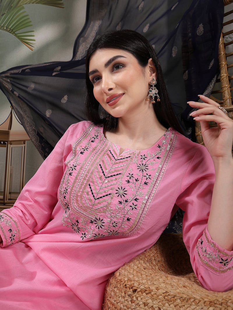 Women Embroidered Pure Cotton Straight Kurta With Trousers & Dupatta
