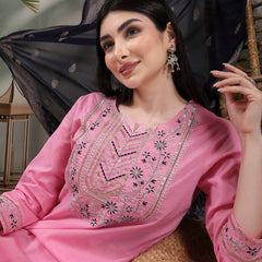 Women Embroidered Pure Cotton Straight Kurta With Trousers & Dupatta